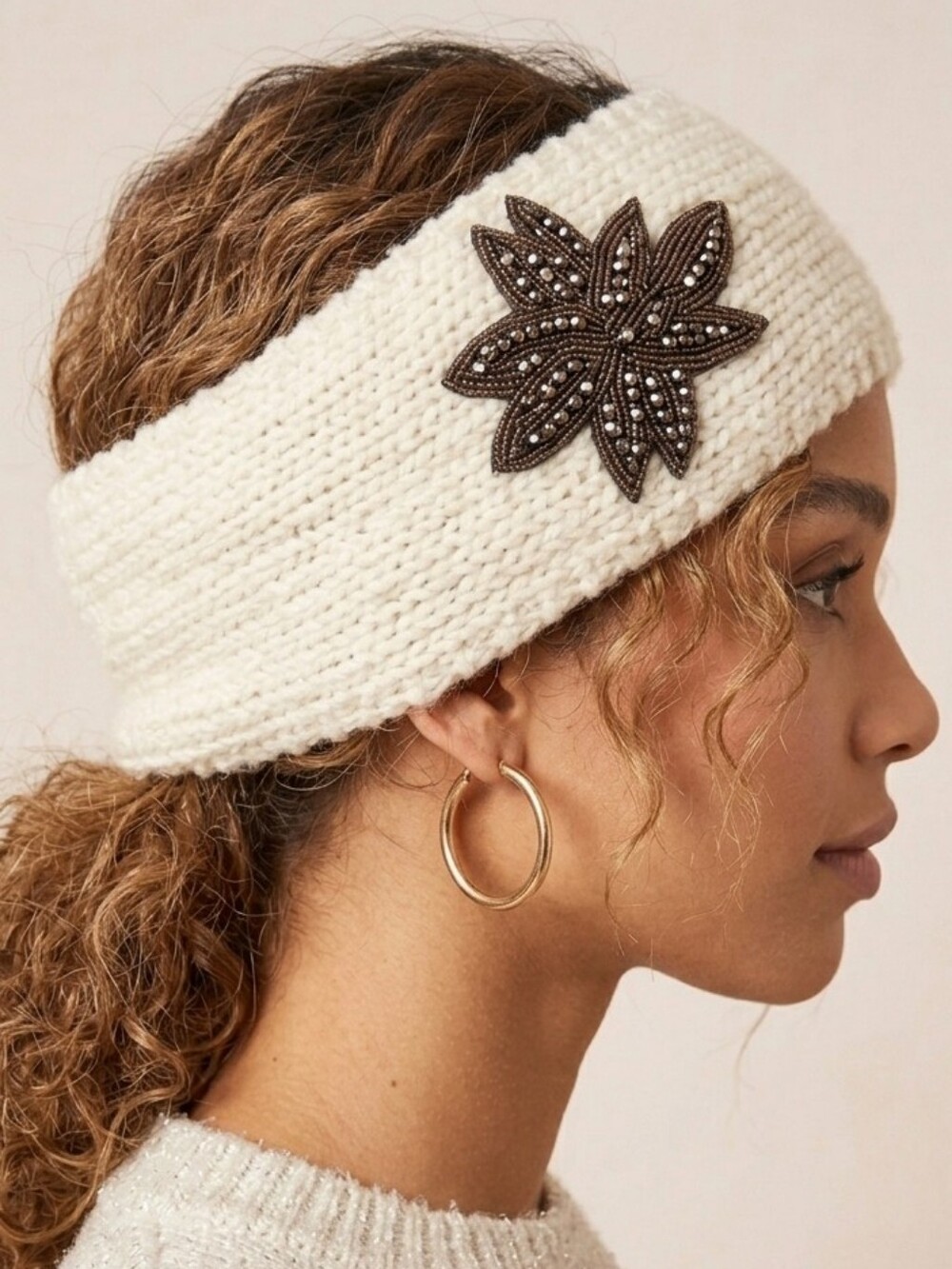 Cream Knit Headband Embellished Leaf Accent Boho Beaded Warm Cozy Indigo Soul